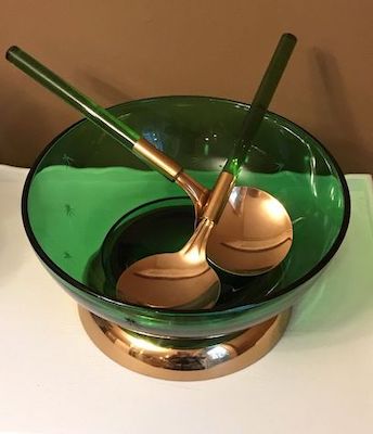 Vintage 1960s Emerald and Copper Salad Bowl w Servers