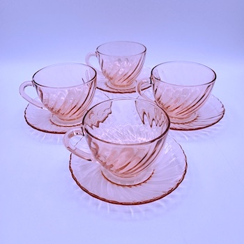 Swirl Pink Rosaline Glass Coffee Tea Cups and Saucers