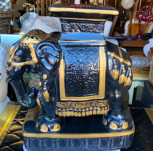 Large Black and Gold Ceramic Elephant Garden Stool Side Table