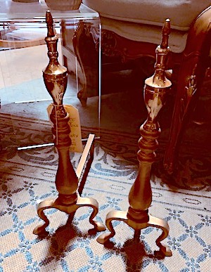 Vintage Brass and Iron Andirons and Fire Log Dogs 