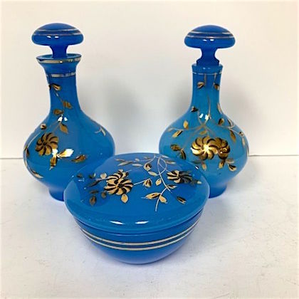 French Blue Opaline Perfume Bottles With Tops & Powder Jar