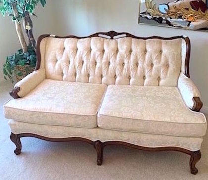 Vintage French Tufted Settee with cream embosses damask upholstery